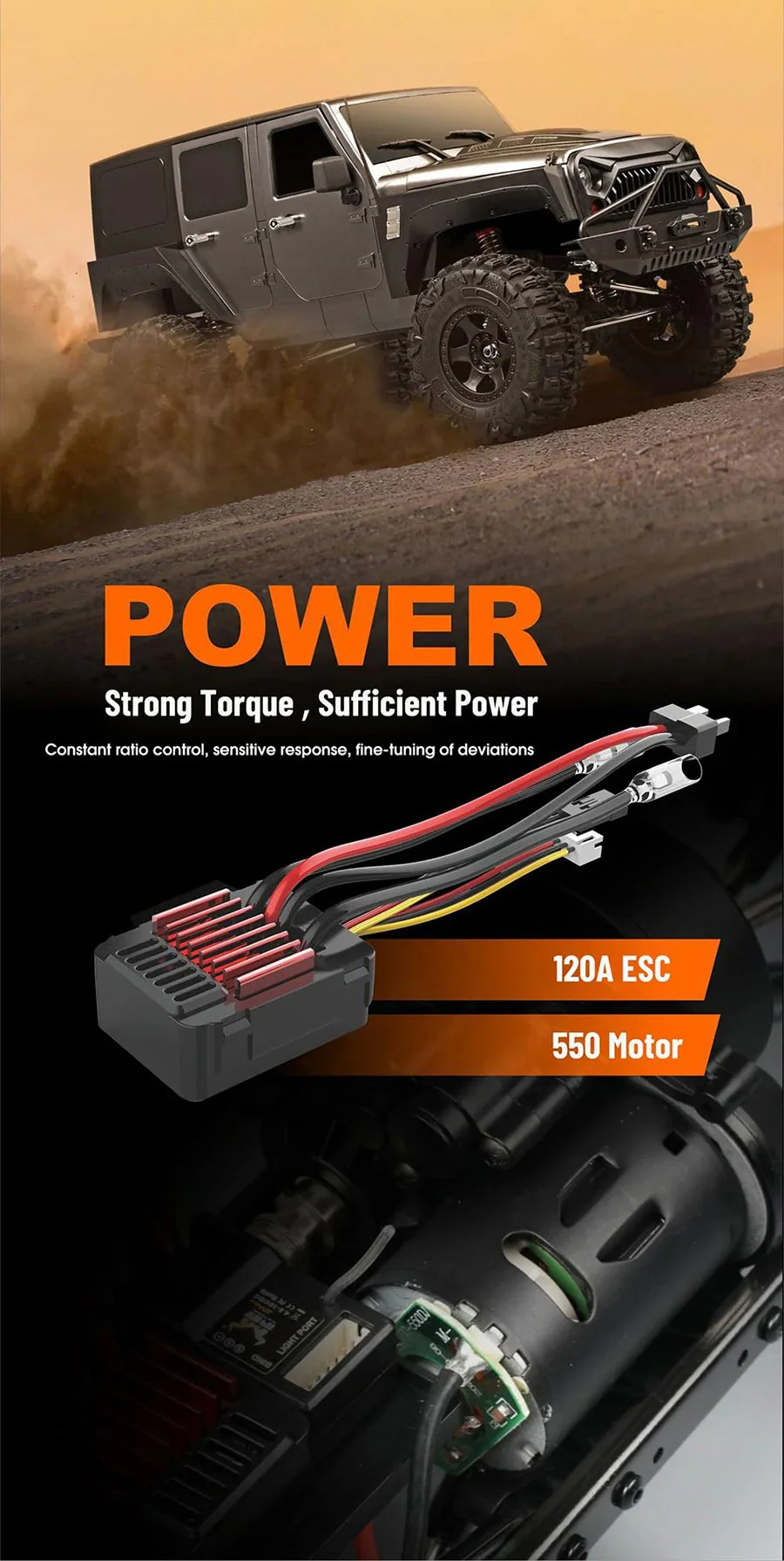 توانایی عبور از موانع سخت، صخره، گل و شیبهای تند با موتور براش قدرتمند 550